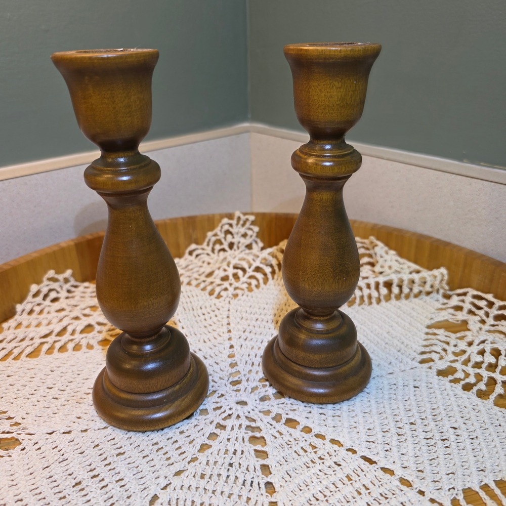 Vintage Turned Wood Candlesticks Holders Pair, Set of 2 Brown Taper